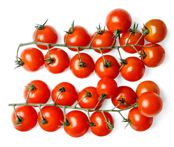 Dois Cachos Tomates Cereja Frescos Fundo Isolado Branco Vista Cima — Fotografia de Stock