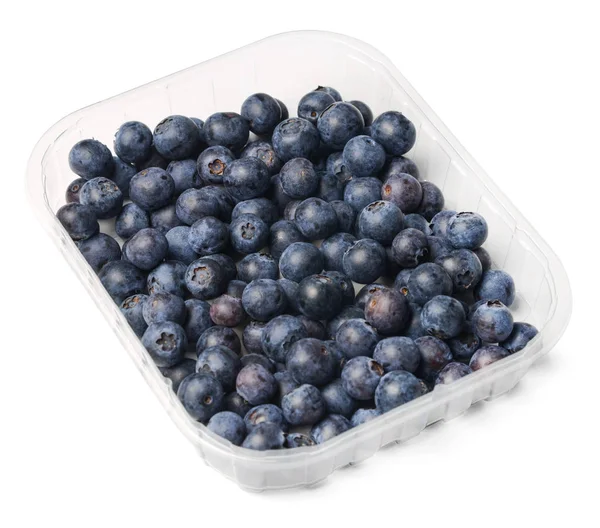 Plastic Packaging Fresh Juicy Blueberries White Isolated Background Top Side — Stock Photo, Image