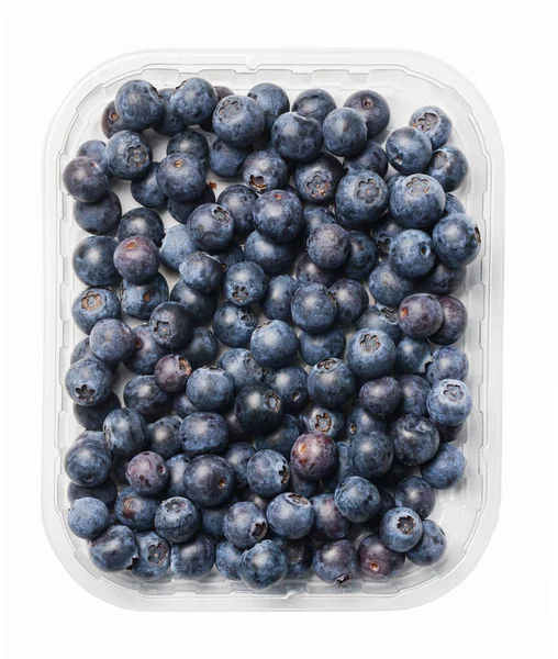Plastic Packaging Fresh Juicy Blueberries White Isolated Background Top View — Stock Photo, Image