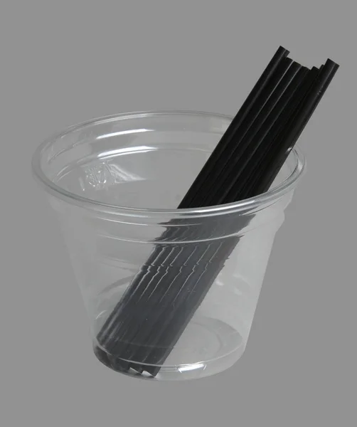 Disposable Plastic Glass Drinking Straws Isolated Gray Close Side View — Stock Photo, Image