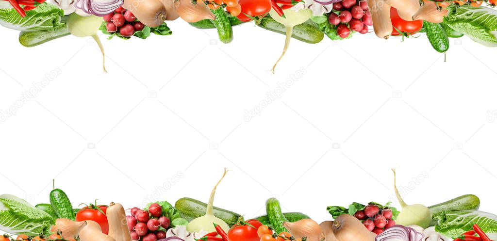 Composition with various types of vegetables in the upper and lower part of the frame. White isolated background. Place for text.