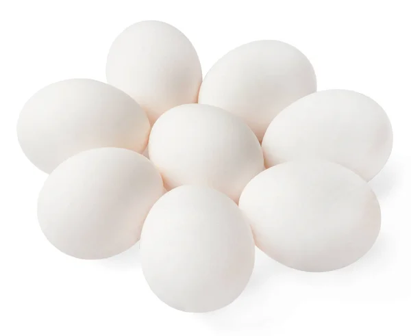 几个白色鸡蛋在白色孤立的背景 顶部视图 — 图库照片