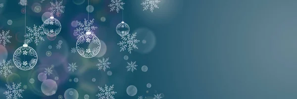 Nytt Och God Jul Snöflingor Vackra Färgglada Bokeh Och Julgranskulor — Stockfoto