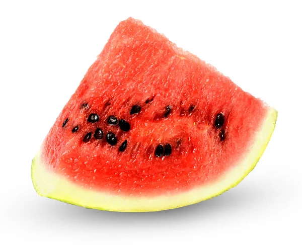 Segment Van Sappige Verse Watermeloen Geïsoleerd Een Witte Achtergrond Felle — Stockfoto