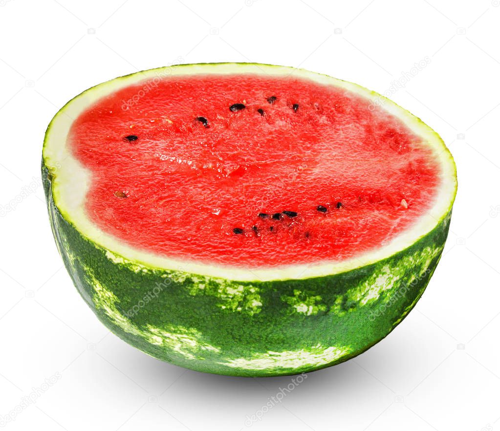 Half cut fresh juicy watermelon. Isolated over white background. Juicy bright colors. Pulp texture.