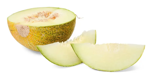 Halbe Und Zwei Scheiben Frische Reife Melone Auf Weißem Isoliertem — Stockfoto