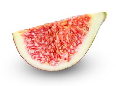 Beyaz bir arka plan üzerinde izole olgun taze incir bir dilim. Parlak doymuş ve gerçekçi renk. İyi doku.