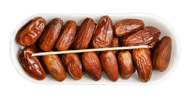 Beyaz arka planda izole edilmiş tarihli plastik ambalaj. Üst Manzara. Parlak doymuş renkler ve iyi bir doku. Kesme yolu.