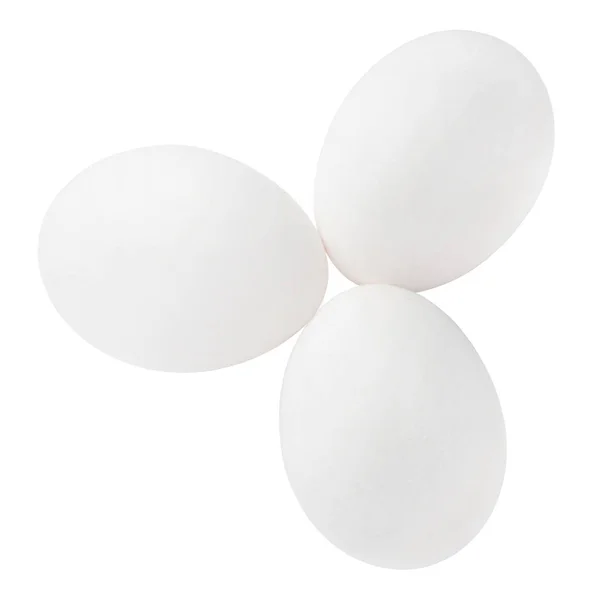 Trzy Białe Jaja Kurze Wyizolowane Białym Tle Widok Góry Ścieżka — Zdjęcie stockowe
