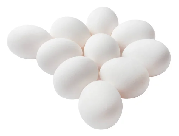 几个鸡蛋在白色的背景上被分离出来 顶部的侧视图 收割路径 — 图库照片