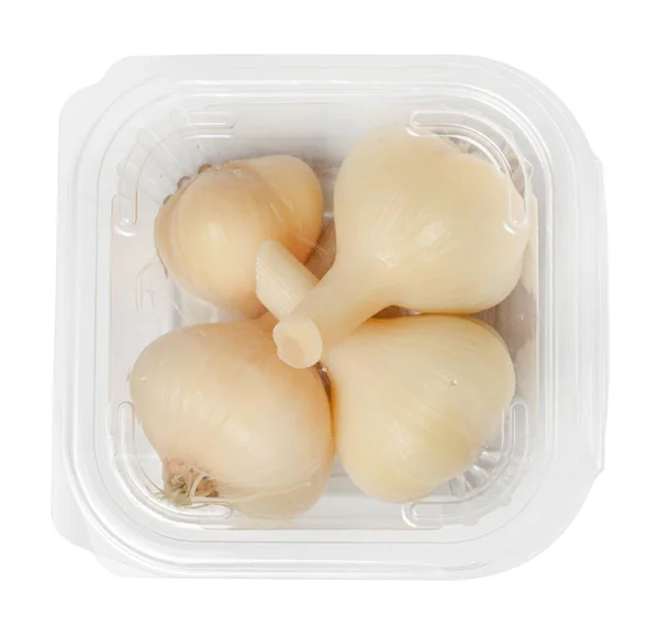 Gesalzener Knoblauch Plastikverpackung Isoliert Auf Weiß Ansicht Von Oben Schneidpfad — Stockfoto