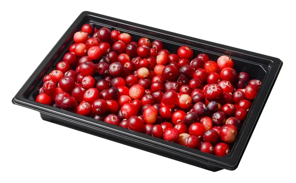 Beyaz arka planda yaban mersinli plastik ambalaj. Üst taraf görüntüleme yolu..