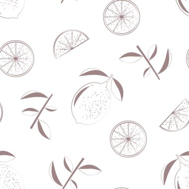 Beyaz bir arka planda limon siluetinin vektörsüz deseni. Desen, arkaplan, kumaş, ambalaj ve benzeri şeyler için kullanılabilir.
