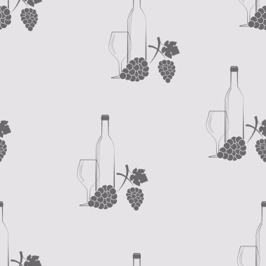 Siluet üzümlerinin, şarap şişelerinin ve gri arka plandaki bardakların kusursuz desenleri. Kumaş, peçete, ambalaj ve benzeri şeyleri bastırmak için..