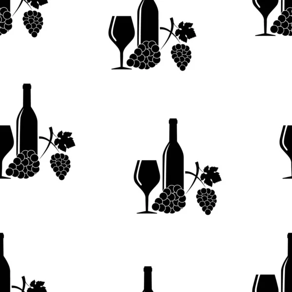 Векторний безшовний силует винограду, келих для вина та пляшка на білому тлі. Добре для друку на тканині, упаковці, серветках, всіх видах фону і т.д. . — стоковий вектор