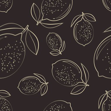Koyu kahverengi arka planda limon siluetinin vektörsüz deseni. Kumaşlar, ambalajlar, peçeteler ve çeşitli arka planlar üzerine baskı yapmak için..