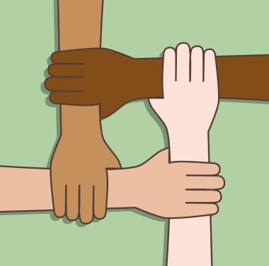 çeşitli el işbirliği birlikte konsepti üzerine yeşil arka plan, vektör çizim