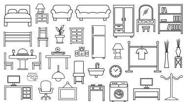 Beyaz arka plan üzerinde anahat mobilya Icon set