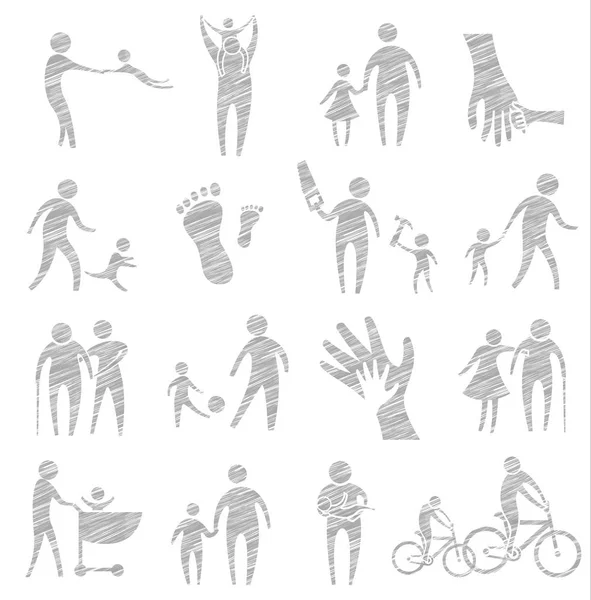 父亲和儿童活动 绘制素描图标集为设计在父亲日概念 — 图库矢量图片