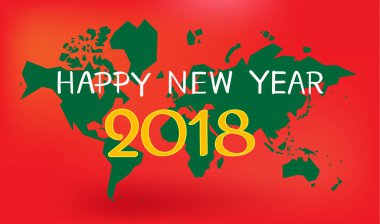 mutlu yeni yıl 2018 Dünya harita ve kırmızı zemin üzerine