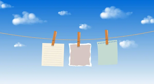 木製クリップと青い空を背景 ベクトル イラスト縄に掛かっているメモ用紙 — ストックベクタ