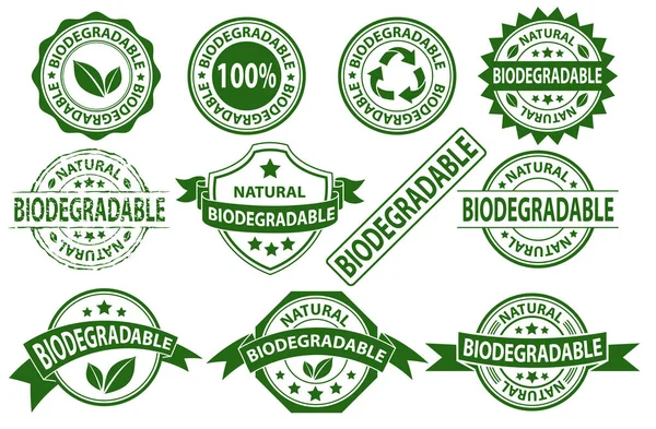 Symbole Étiquette Timbre Caoutchouc Biodégradable Ensemble Vectoriel Autocollant Compostable Sur — Image vectorielle