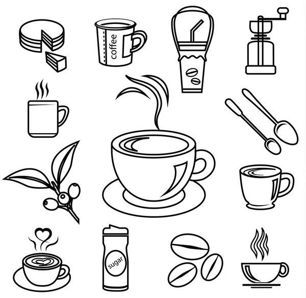 Koffie Pictogrammenset Met Toebehoren Ingrediënten Van Cup Glas Bonen Suiker — Stockvector