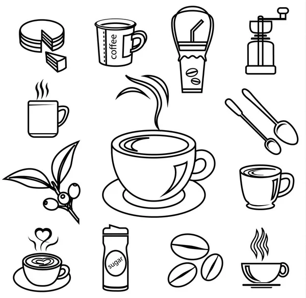 Conjunto Iconos Café Con Accesorios Ingredientes Taza Vidrio Frijol Azúcar — Vector de stock