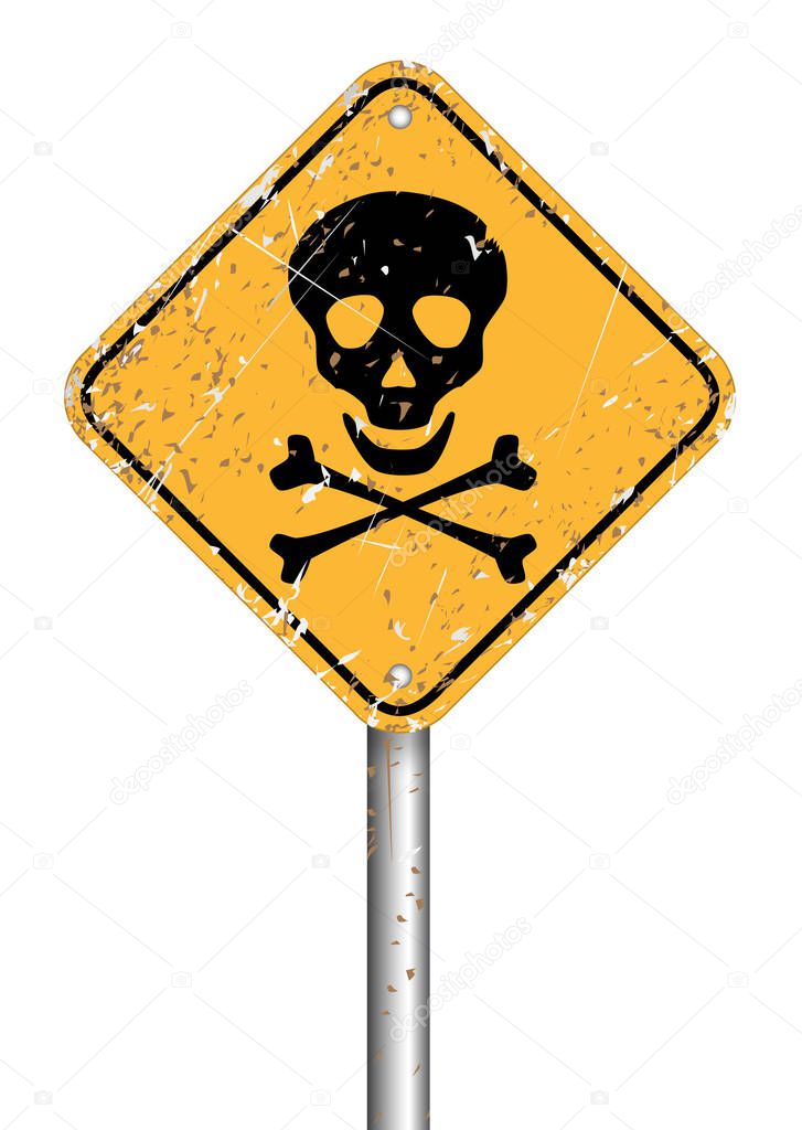 danger skull pole warning sign symbol, vector grunge style on white background