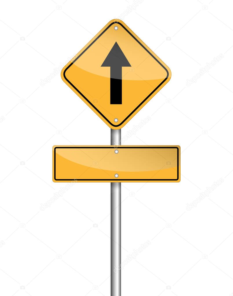 Go straight ahead sign and empty sign for text on traffic pole on white background