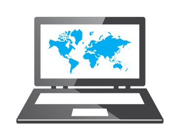 Laptop beyaz arka plan üzerinde basit mavi dünya haritası