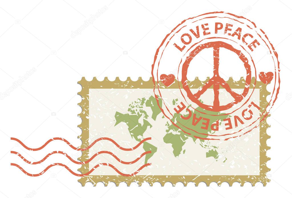 World peace concept, world map in stamp post with peace sign rubber, vintage style