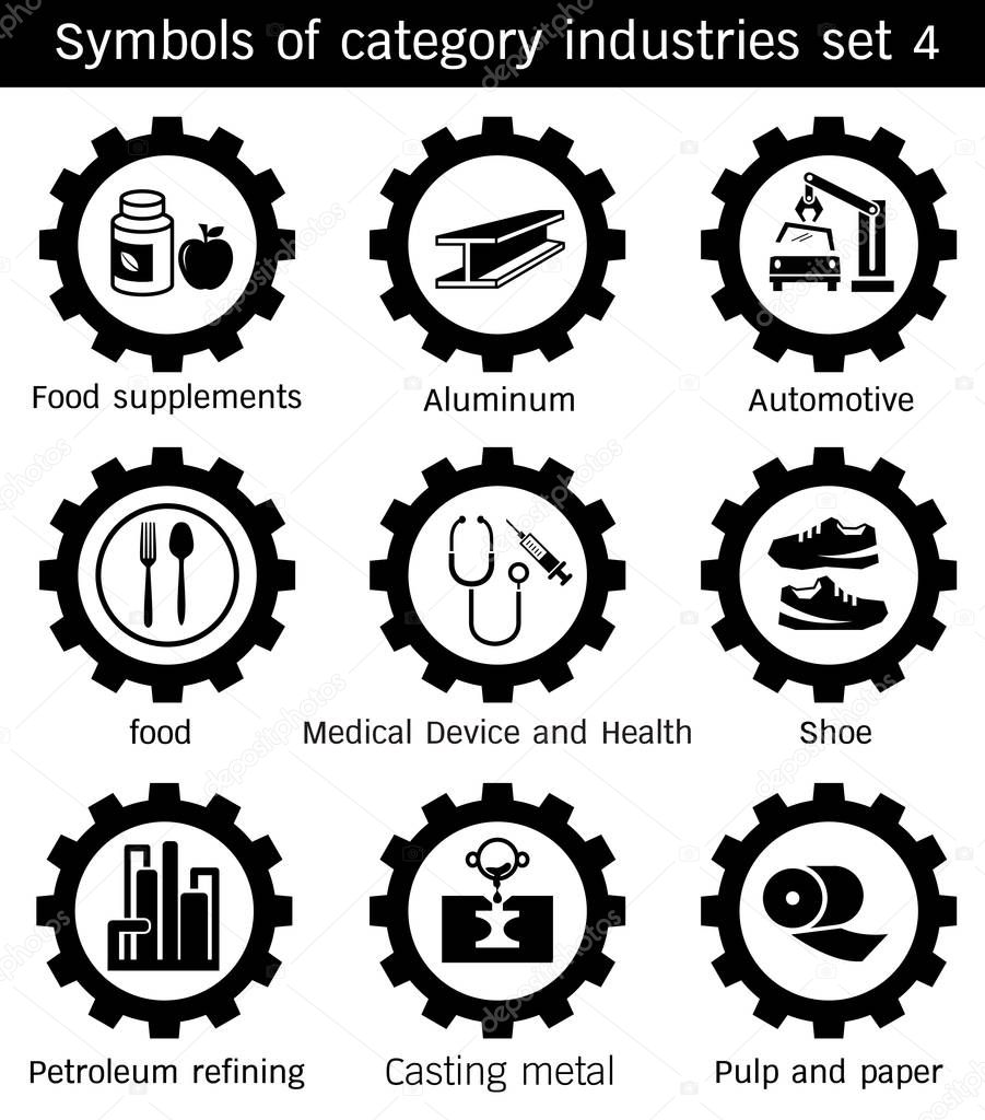 Symbols category industry of Automotive, Pulp and paper, Medical Device and Health, Casting metal, Shoe, Food supplements, Food,Petroleum refining, Aluminum