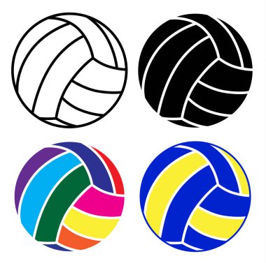 voleybol topu simgesi ile siyah, beyaz ve renkli top beyaz zemin üzerine, vektör çizim tasarım seti