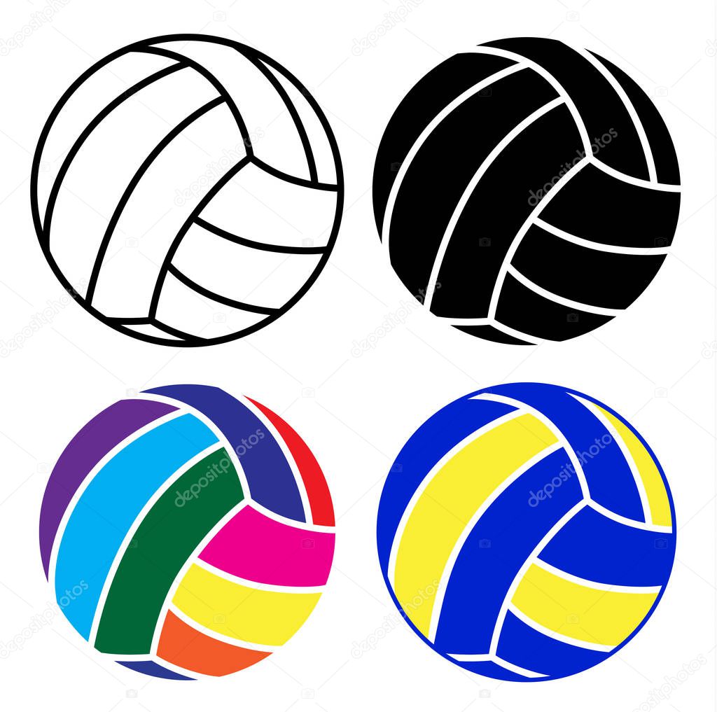 volleyball ball icon set with black, white and colorful ball on white background, vector illustration design