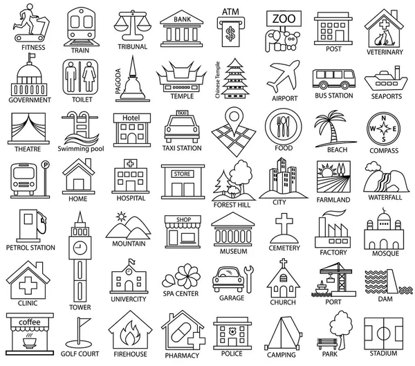 Plaats Kaartsymbool Icon Set Vector Schets Van Overheid Officiële Religieuze — Stockvector