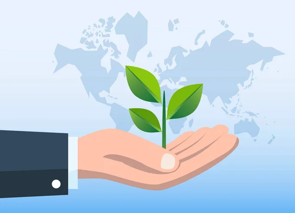 Business Man Hand Holding Plant Wereld Kaart Achtergrond Groene Aarde — Stockvector