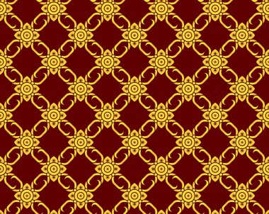 golden Thai pattern seamless vector art on dark red background, illustration texture for decoration