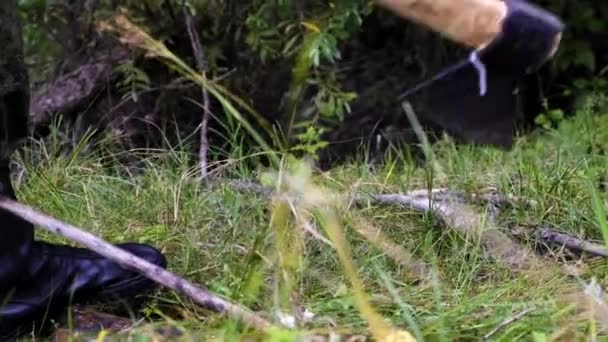 Militair soldaat in baretten snijdt een boom in een bos met een houten bijl close-up — Stockvideo