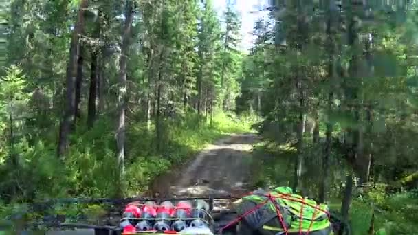 NOVOSIBIRSK, RUSSIE - 24 MAI 2019 : Un voyage en VTT pour les hors-route et la saleté. Conduite POV sur un VTT sur une route rurale sauvage à travers une forêt — Video