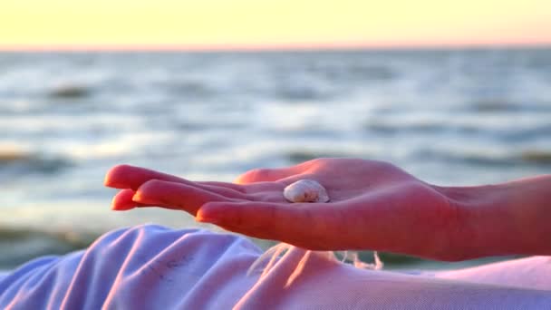 Pequeña mariquita en los brazos de una chica en el mar de fondo. Un bicho se arrastra de las manos de una mujer. Mujer feliz de jugar con mariquita roja viva mientras está sentada en la playa tropical. Naturaleza y vacaciones de verano . — Vídeos de Stock