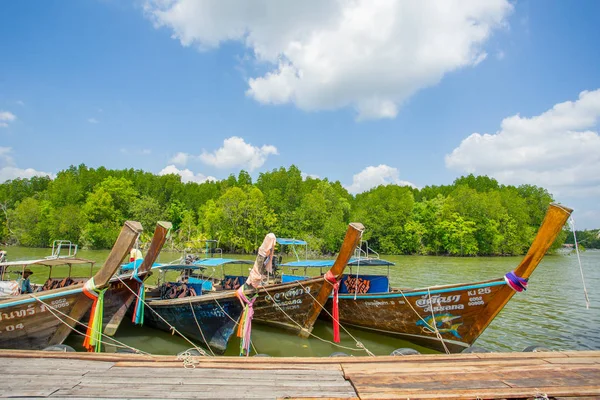 Krabi Thailand Feb 2018 Longtail Boats Anchored Wood Port Krabi — Stock Photo, Image