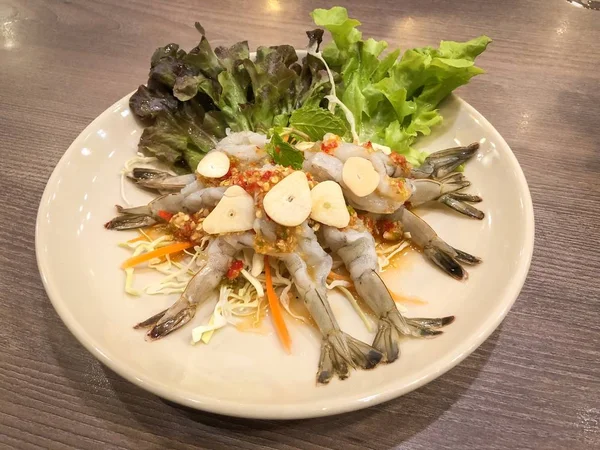 Camarão Cru Molho Picante Frutos Mar Tailândia Camarão Picante Salada — Fotografia de Stock