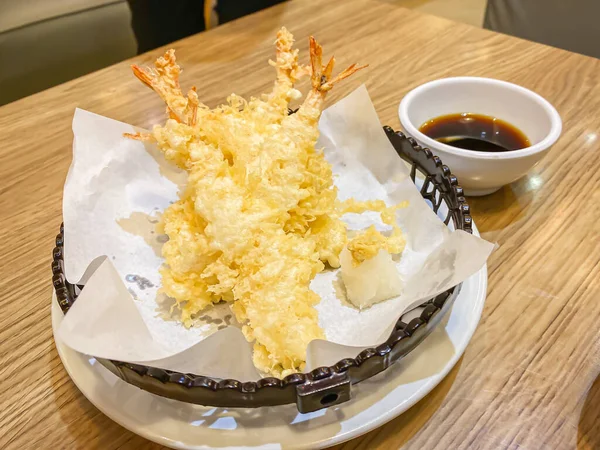 Traditional Japanese Tempura Shrimps Sauce Table — Stock Photo, Image