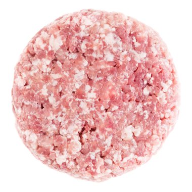 Çiğ kırmızı et burger hamburger kıyılmış kıyma veya domuz eti beyaz arka plan üzerinde izole yemek pişirmek için hazır için. Üstten görünüm.