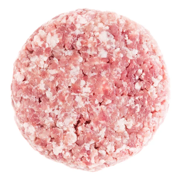 Çiğ kırmızı et burger hamburger kıyılmış kıyma veya domuz eti beyaz arka plan üzerinde izole yemek pişirmek için hazır için. Üstten görünüm.