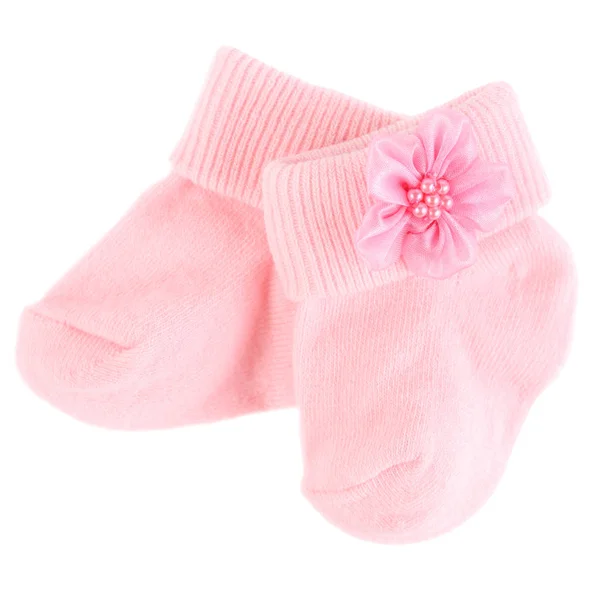 白地に分離されたピンクの赤ちゃん女の子靴下のペア — ストック写真