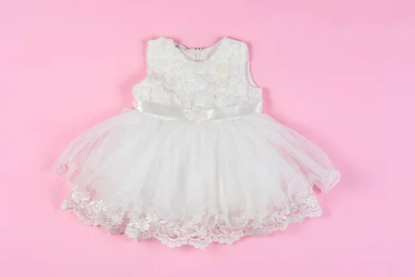 White Baby Dress Flowers Pink Background Concept Children Clothing Fashionable — Stock Photo, Image