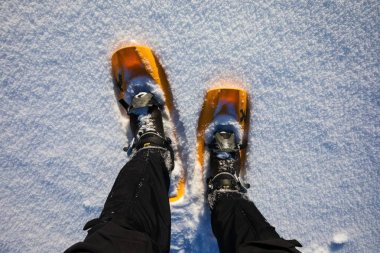 Karda yürümek için snowshoes, kırpılmış görünüm 