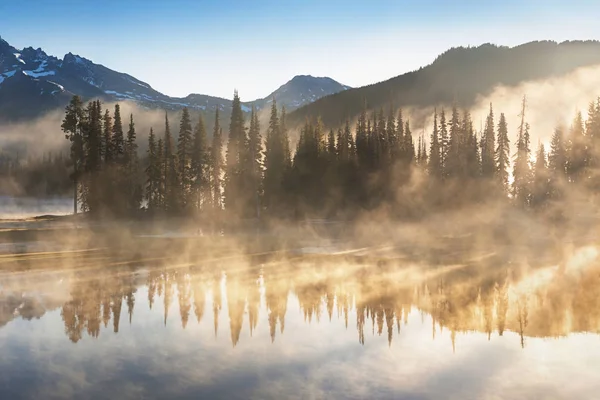 Vista Panorâmica Paisagem Com Céu Refletindo Lago Com Árvores Fundo — Fotografia de Stock